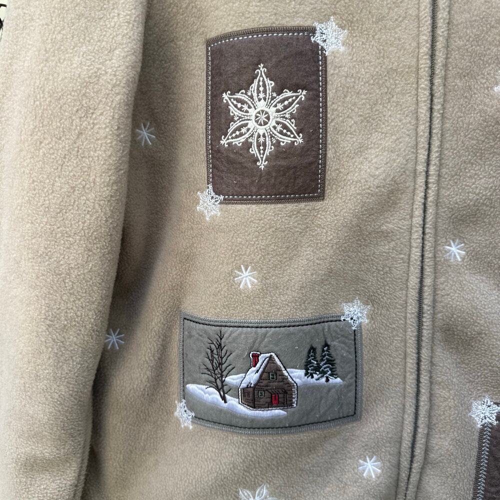 90s Croft & Barrow Tan Fleece Cabincore Applique Embroidery Fleece Cardigan MED - Picture 3 of 10
